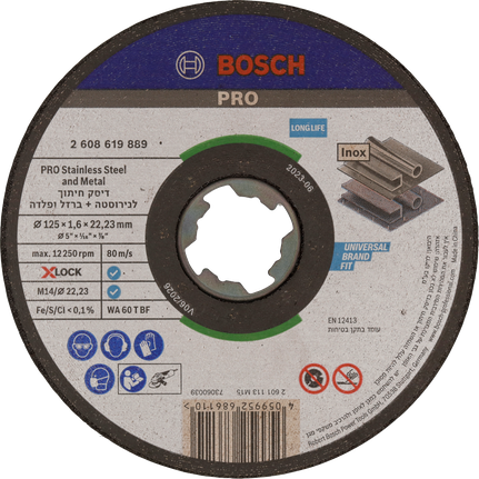 Disco de corte Bosch PRO X-Lock para acero inoxidable y metal de 125 mm.